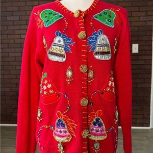 Victoria Harbour Christmas Beaded Sweater Cardigan Red Large Ramie‎ Cotton